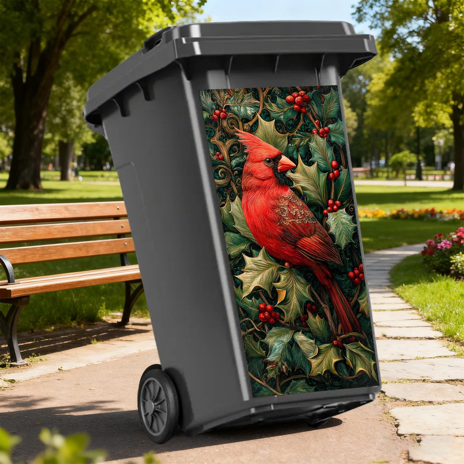 Red Cardinal in Holly Garbage Can Stickers, PVC, 14.57×32.28 Inches – Trash C…