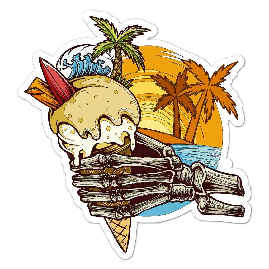 Ice Cream Surf Skeleton, Vinyl Decal Sticker, Indoor Outdoor, 3 Sizes, #7931