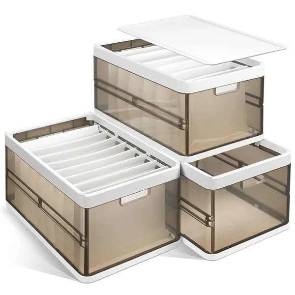 3 Pack Foldable Storage Bin with Lid Stackable Plastic Closet Organizer