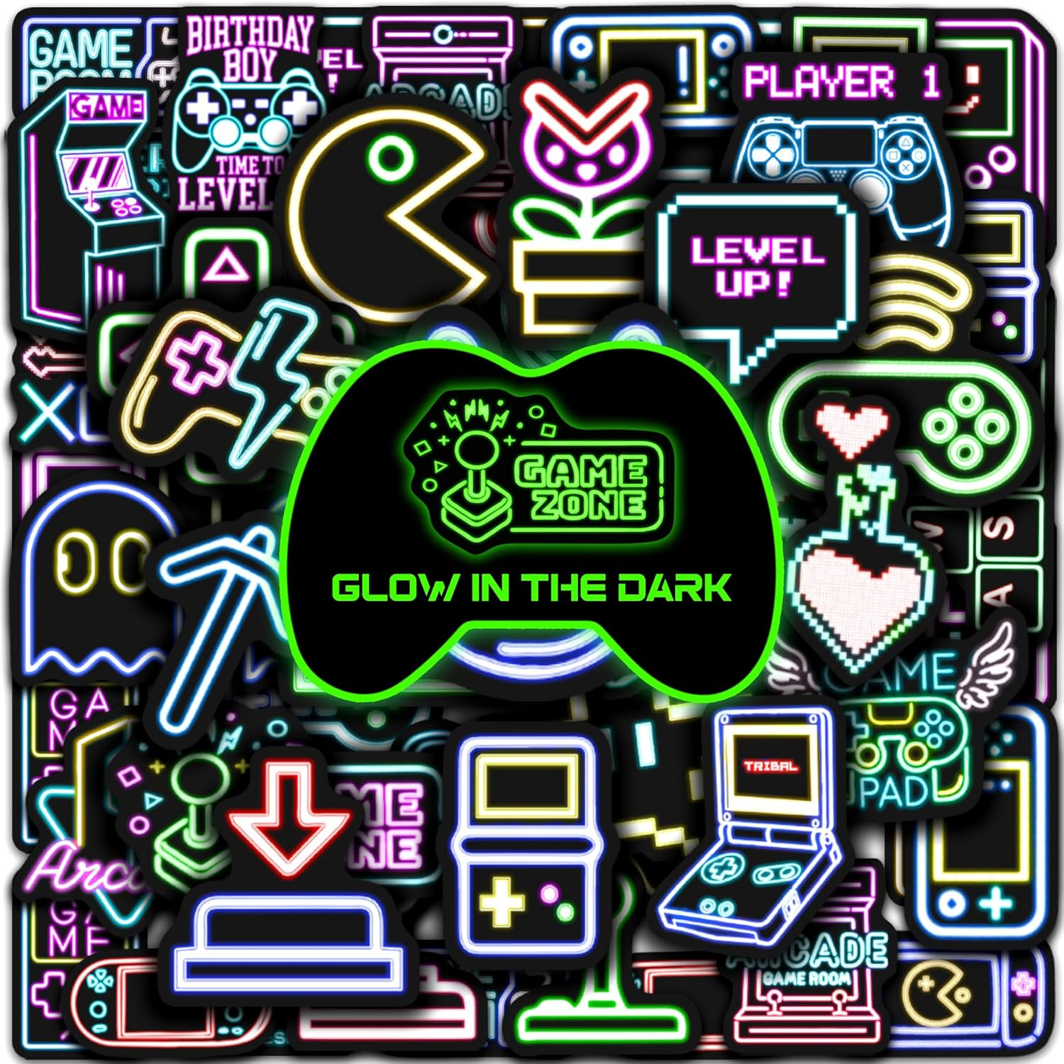 51 Pcs Neon Game Stickers for Kids Glow in the Dark, Gamer Inspirational Sticker