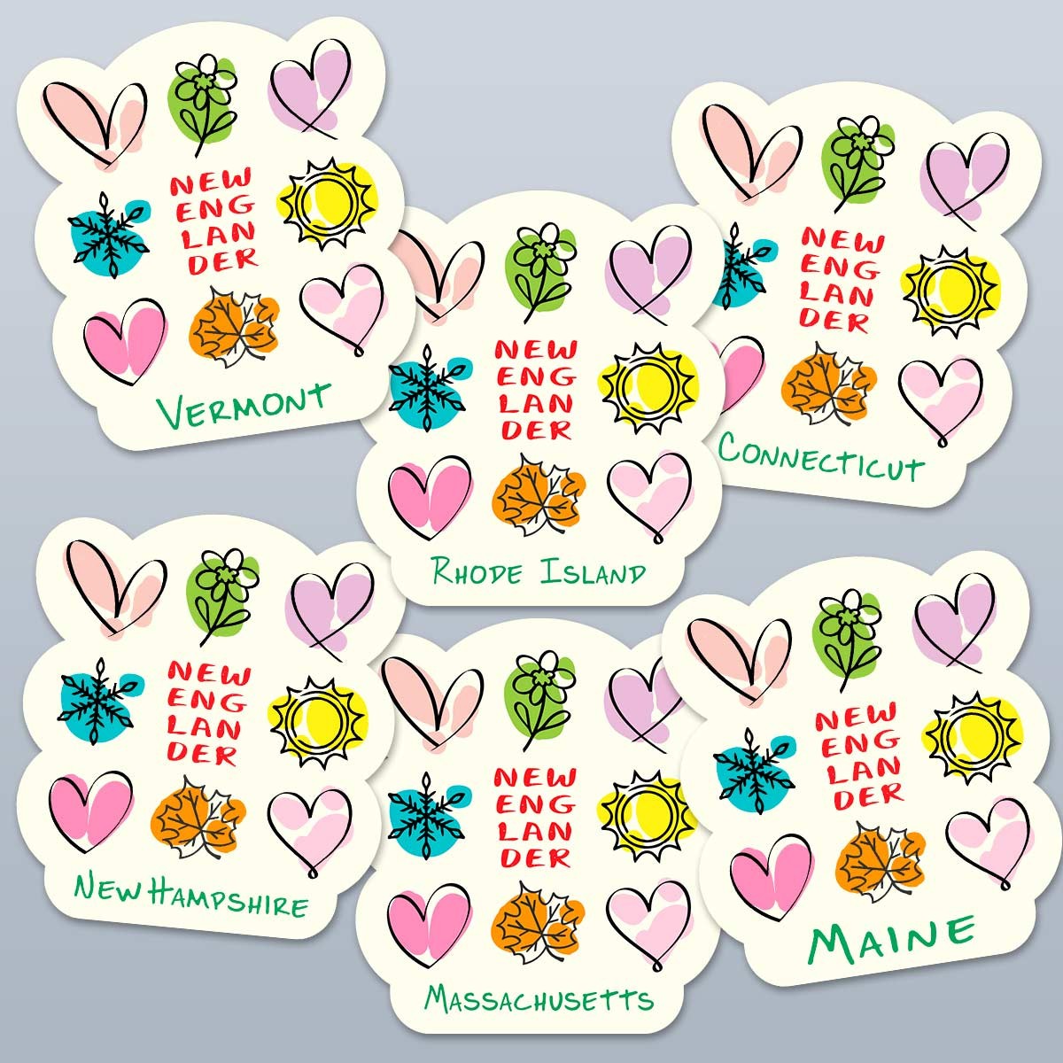 Vinyl Sticker, New Englander Four Seasons Die-Cut Decal, Choose NE State