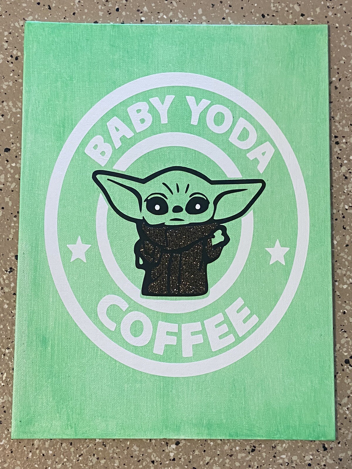 Handcrafted Star Wars Baby Yoda Coffee Vinyl On Canvas 9×12 Signed Artwork A