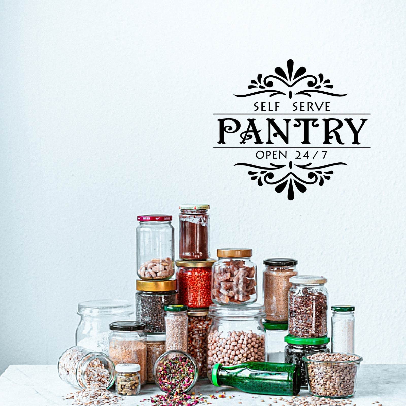 Pantry Theme Wall Stickers Self Serve Open 24/7 Wall Decor Vintage Flower Tex…