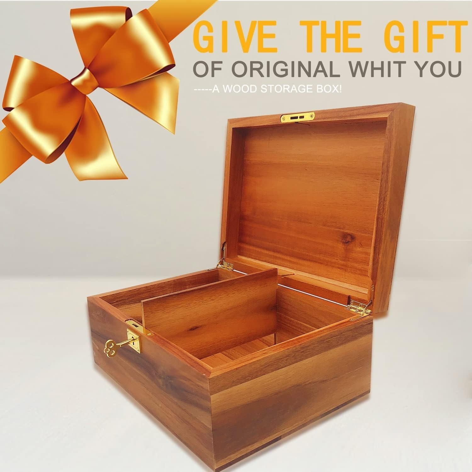 Wood Box Large Decorative Wooden Storage Box with Hinged Lid and Locking Key Pre