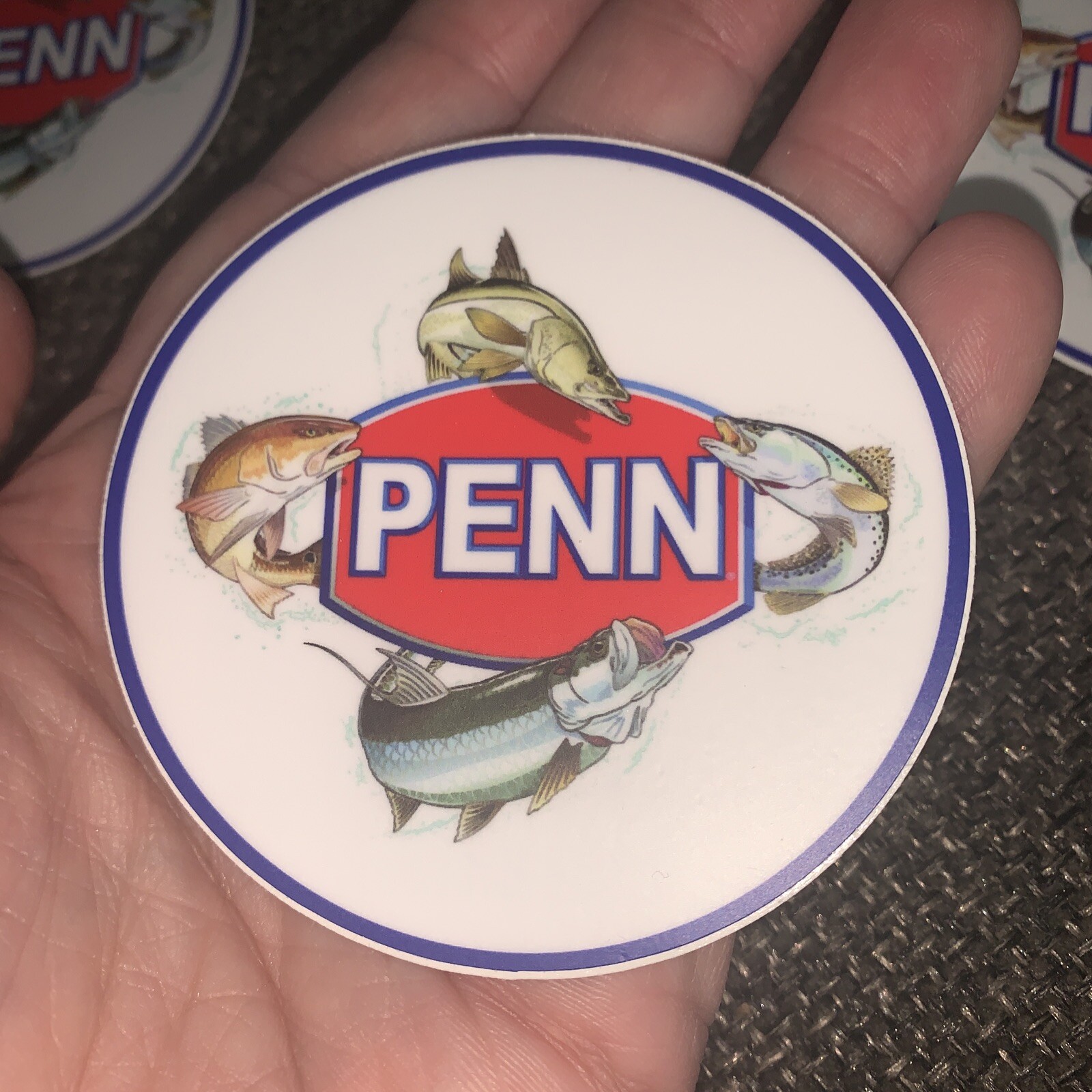 LOT OF 4 Rare 3” PENN Reels STICKER Logo w/ 4 Fish BLUE BORDER Fishing