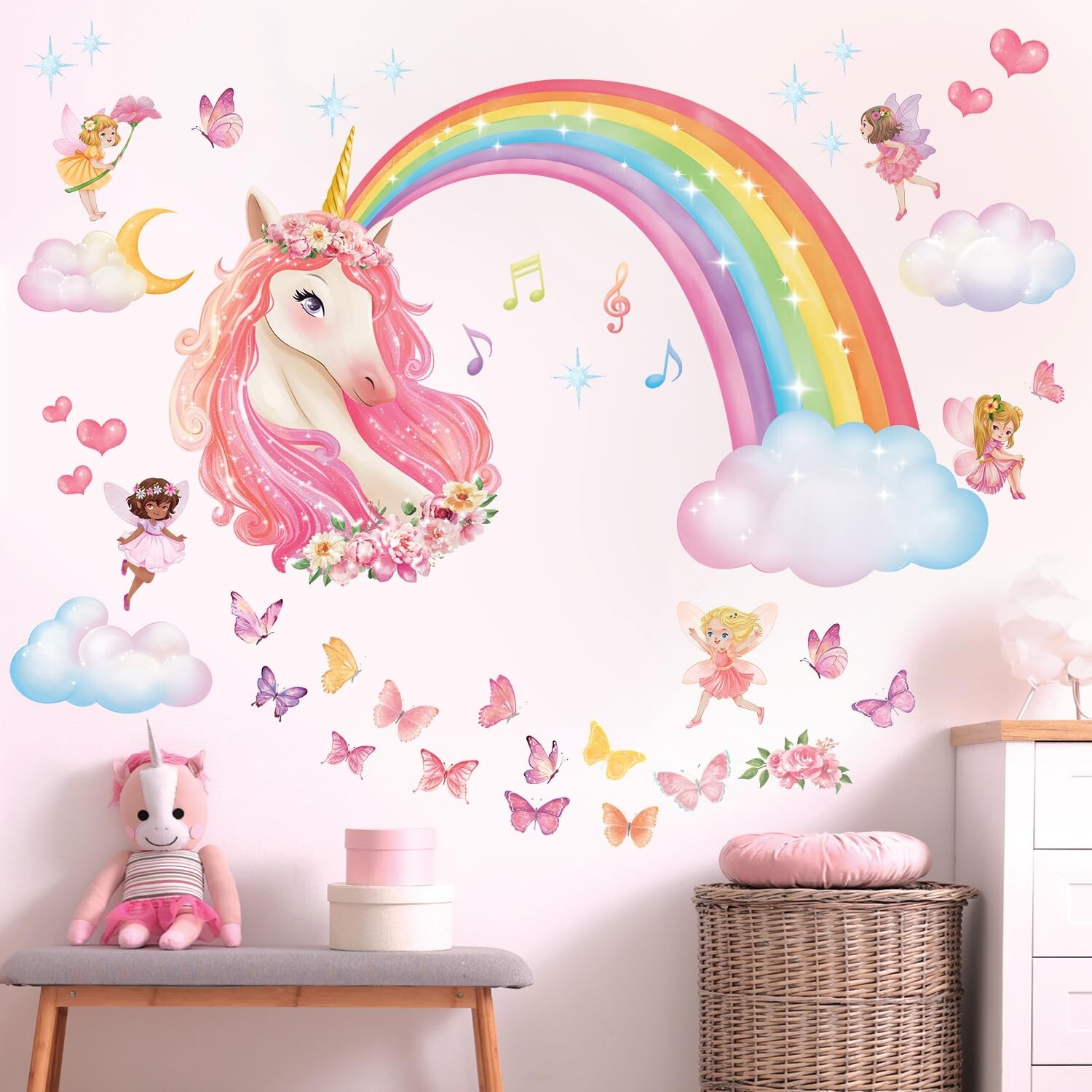 DECOWALL SG2-2321 Rainbow Wall Decals Unicorn Rainbow Butterflies Clouds Wall…