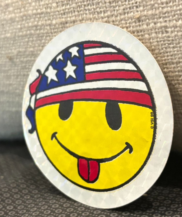 Vintage! Smiley Face with American Flag Bandana Sticker ~Yellow Prism Glitter 3"