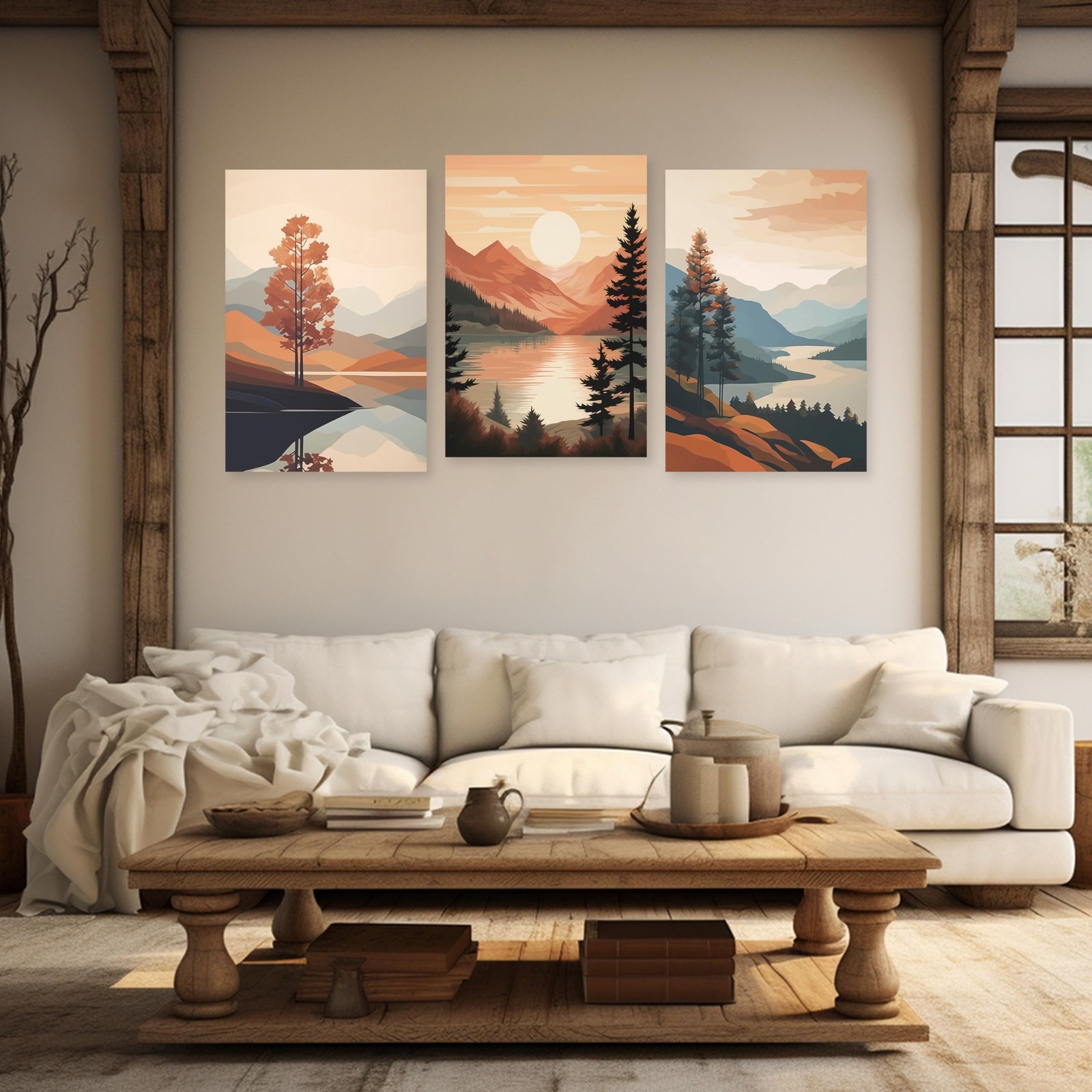 ARTZGX Boho Canvas Wall Art 3 Piece Minimalist Bohemia Picture Sunrise Mounta…