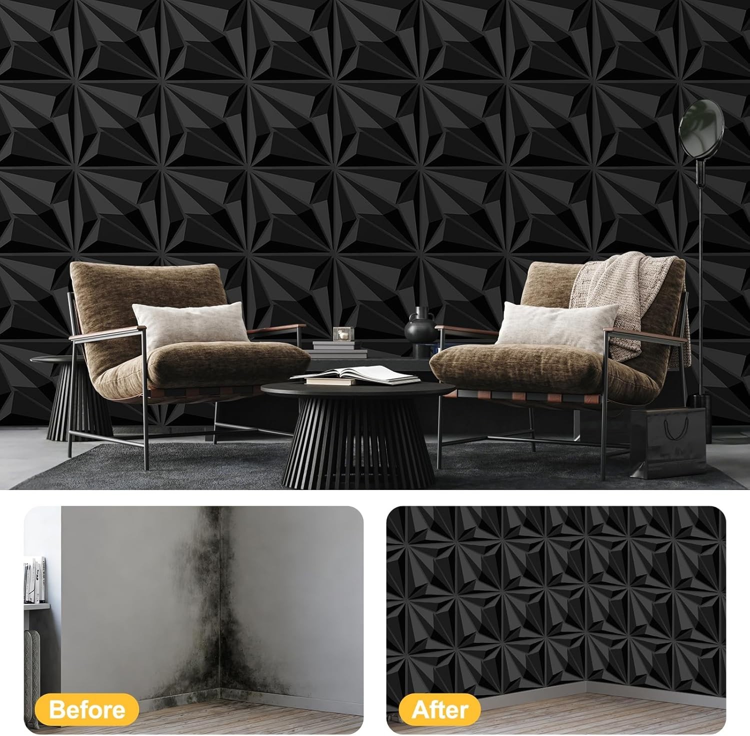 Waterproof 3D Black Wall Panels Set – Lightweight Matte Tiles for Modern Decor