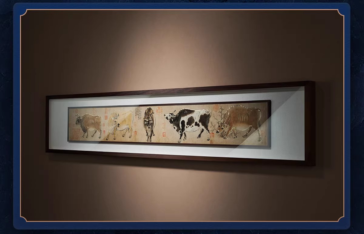 Handmade Bronze Sculpture Painting Five Oxen Chinese Style Decorative Wall Art