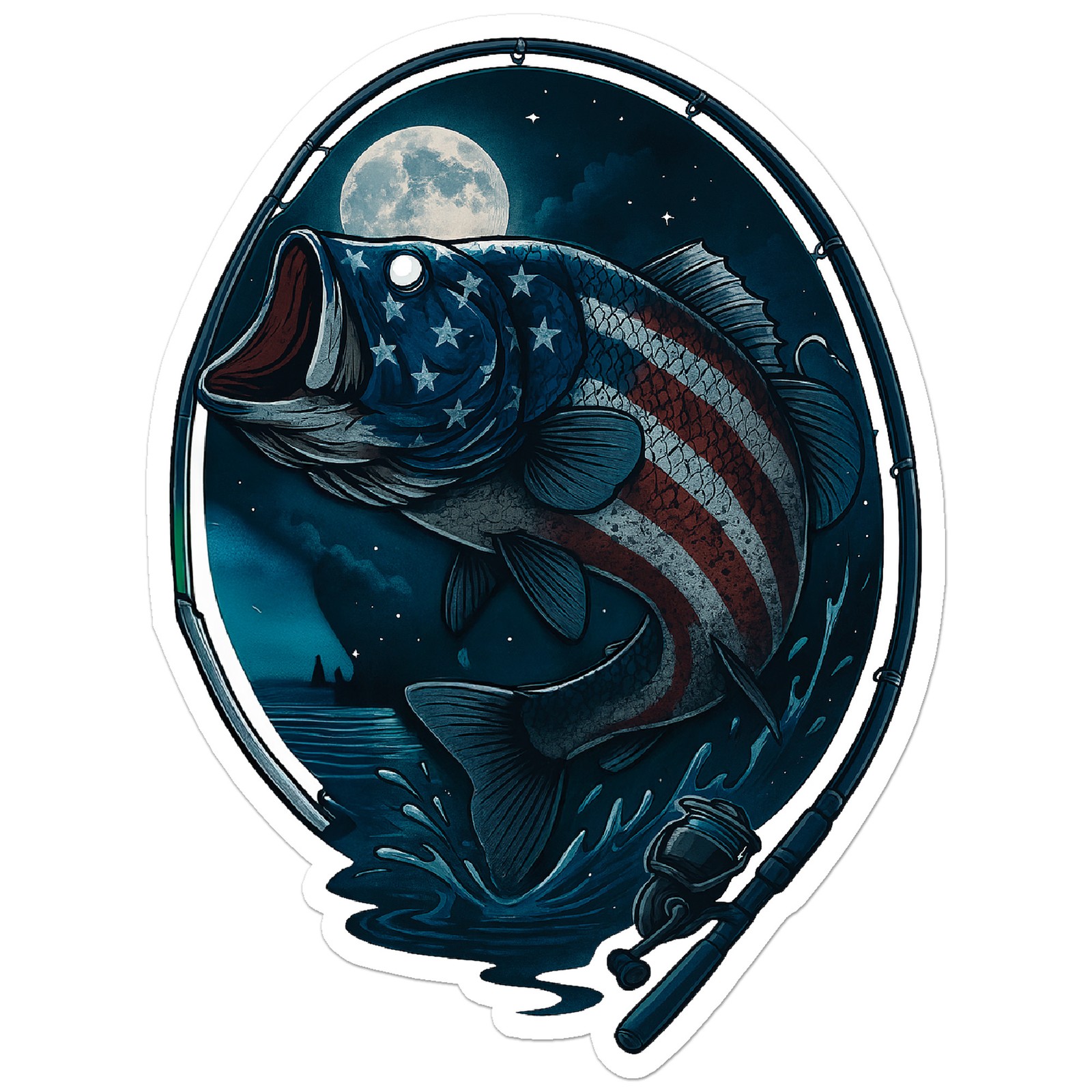 Night Fishing Patriotic Bass – Vinyl Decal Sticker – Car Window – ebn20019