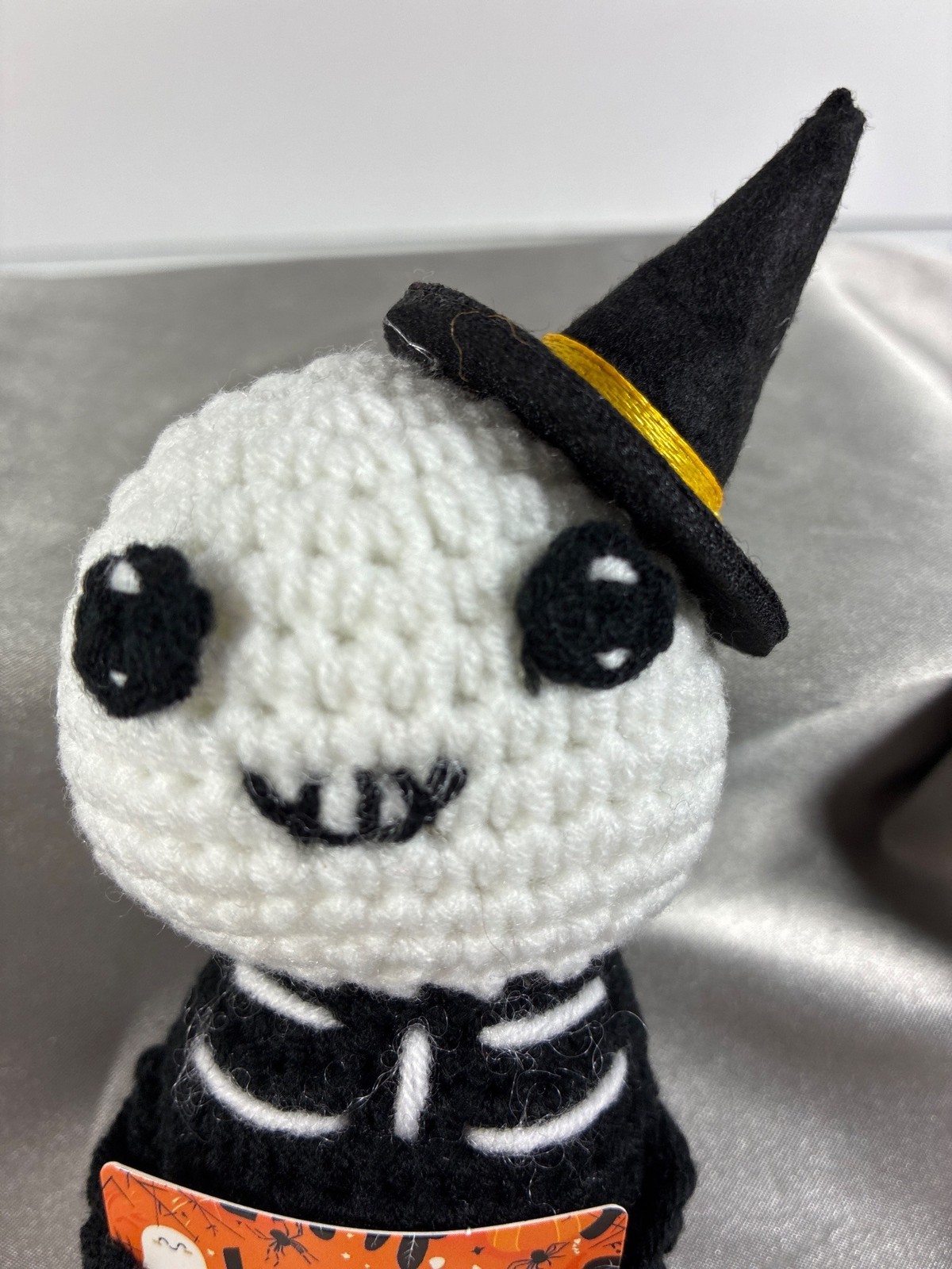 Halloween Plush Skeleton Doll Crochet Face Witch Hat Happy Halloween Boxed 5.25"