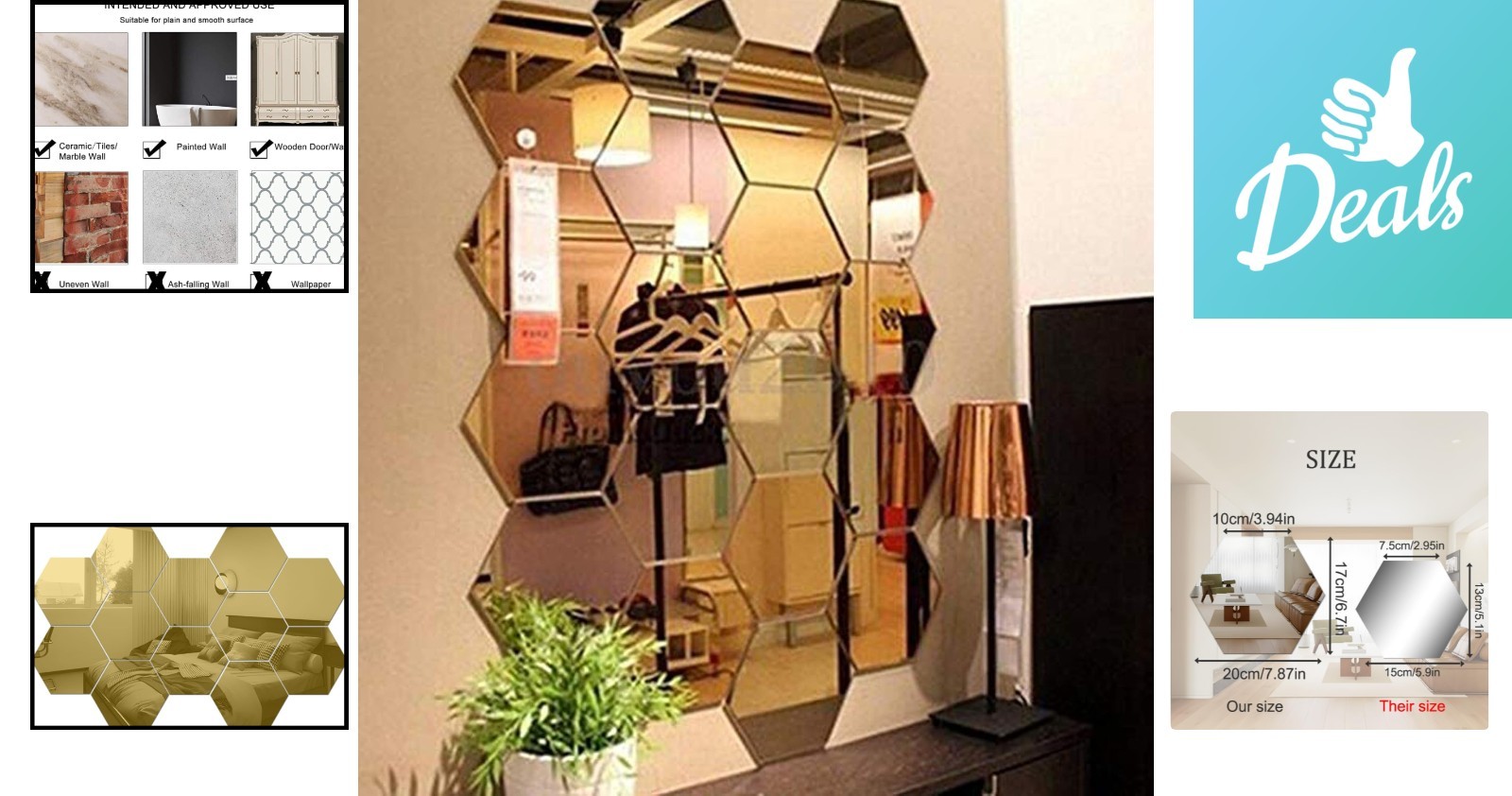 Lightweight Gold Hexagon Mirror Stickers – 12PCS, Easy Home Decor Solutions