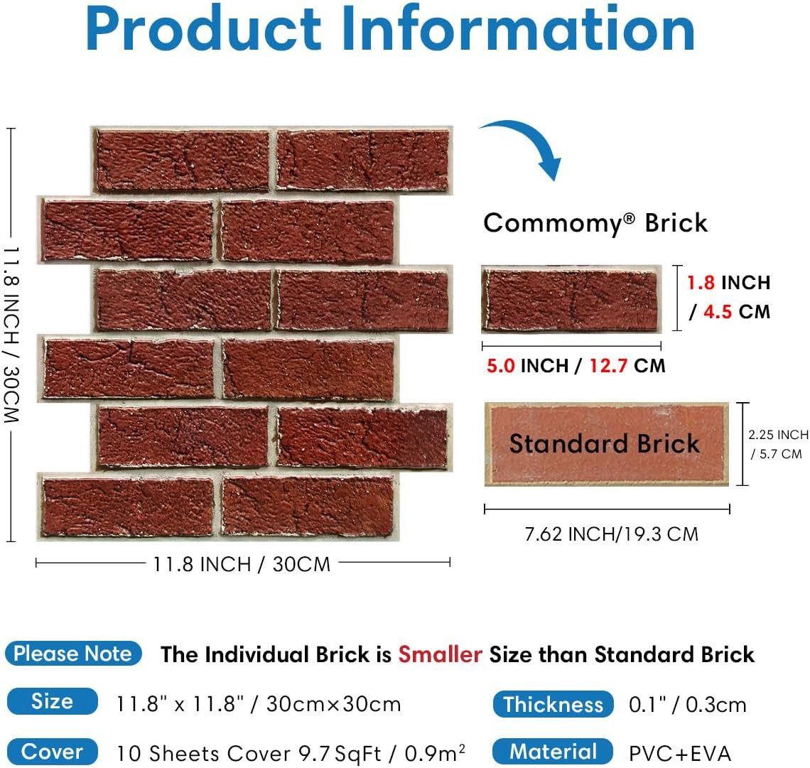 COMSTICKC 3D Faux Red Brick Wall Panels Peel and Stick Wall Sticker, 10 Pcs of 1