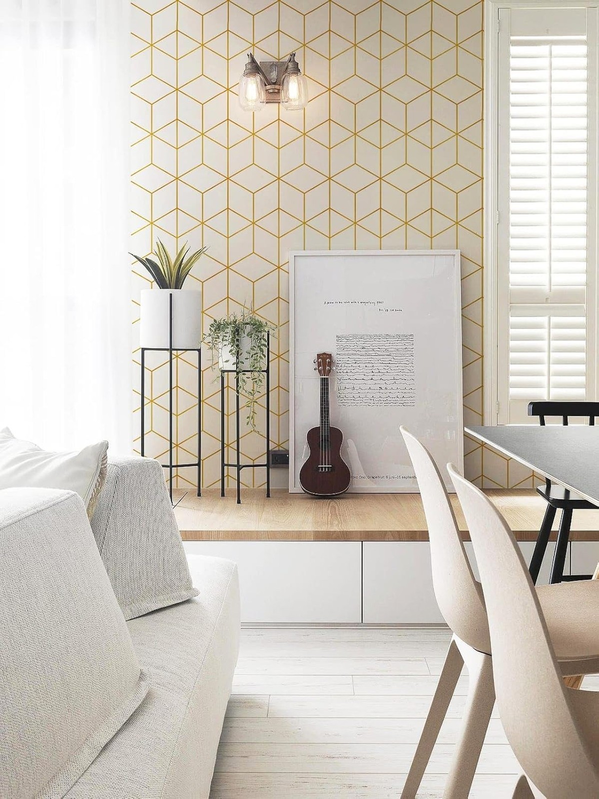 Safiyya 393"x17.3" Peel and Stick Wallpaper Gold and White Contact Paper Geom…