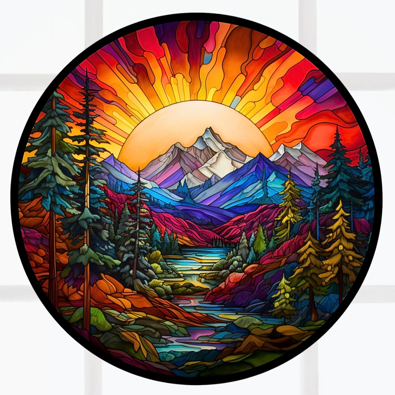 Sunset on Mountains & Trees Faux Stained-Glass WINDOW CLING Size 8" Round Vinyl