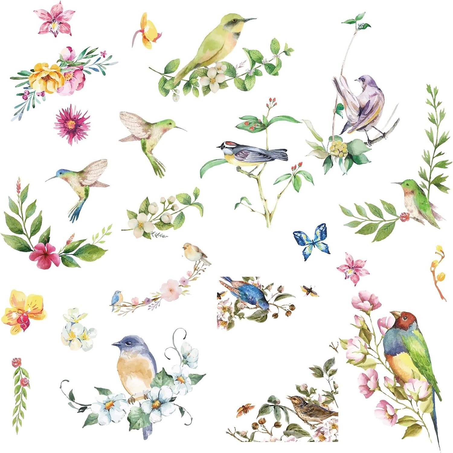 8 Sheets Wall Decals Hummingbird Flowers Butterfly Window Stickers