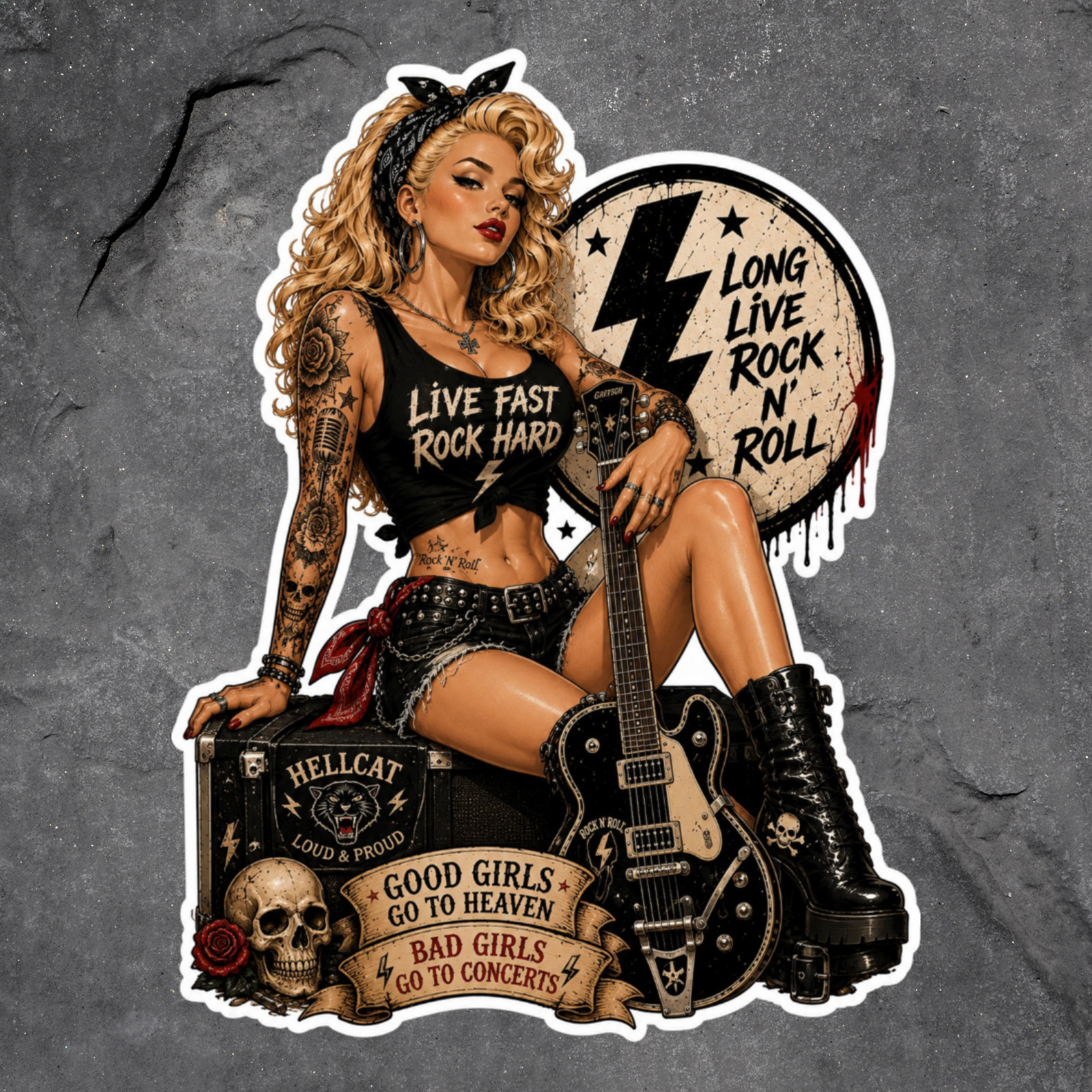 Rockabilly Sticker Vinyl Decal Blonde Rock N Roll Guitar Tattooed Pinup Girl