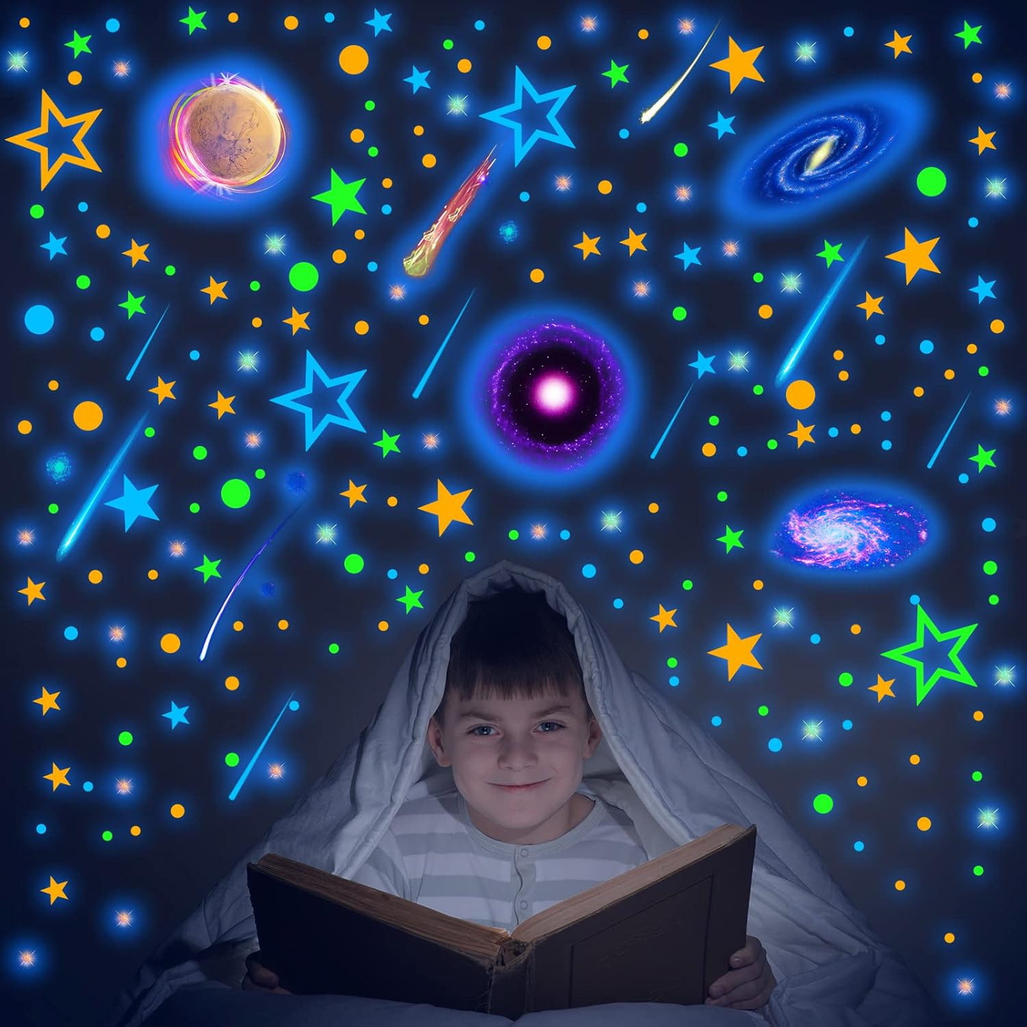 495 Pcs Glow in the Dark Moons and Stars Wall Decals for Ceiling,Glowing Planets