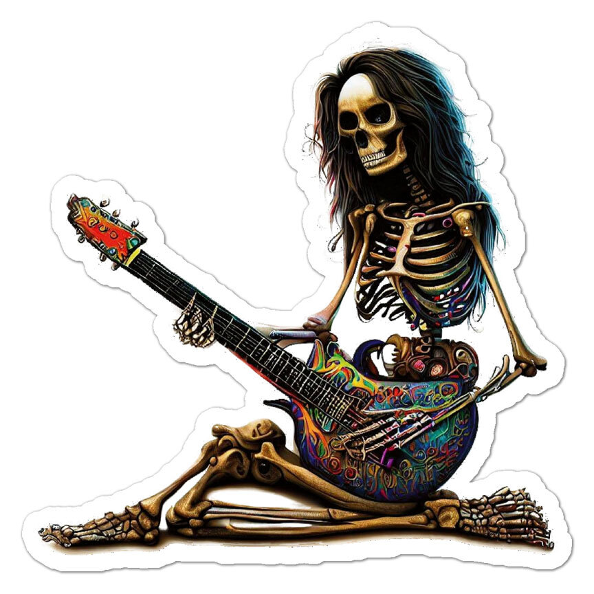 Skeleton Skull Guitar Rock, Vinyl Decal Sticker, Indoor Outdoor, 3 Sizes, #9120
