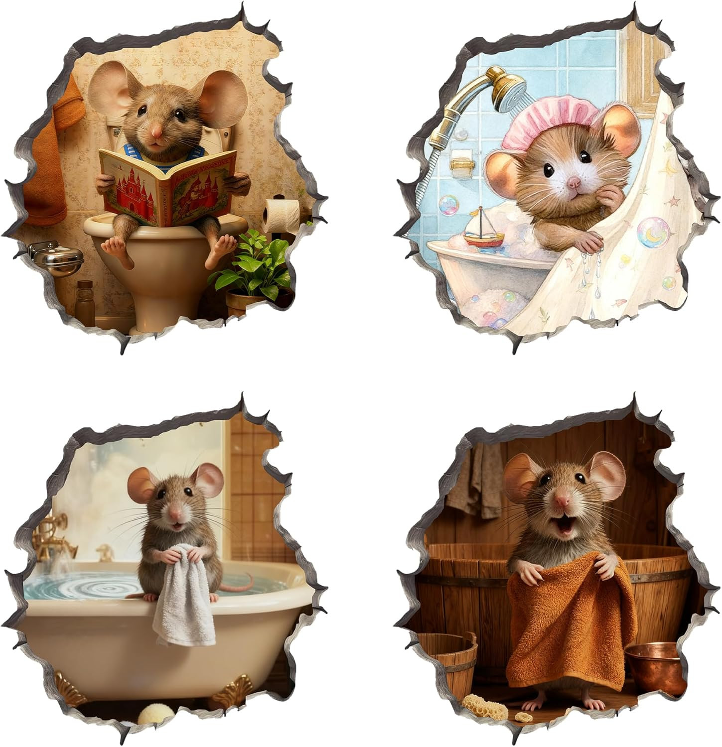 3D Fun Mouse Hole Realistic Wall Decal Peel and Stick, Sticker with 3D Effect, F