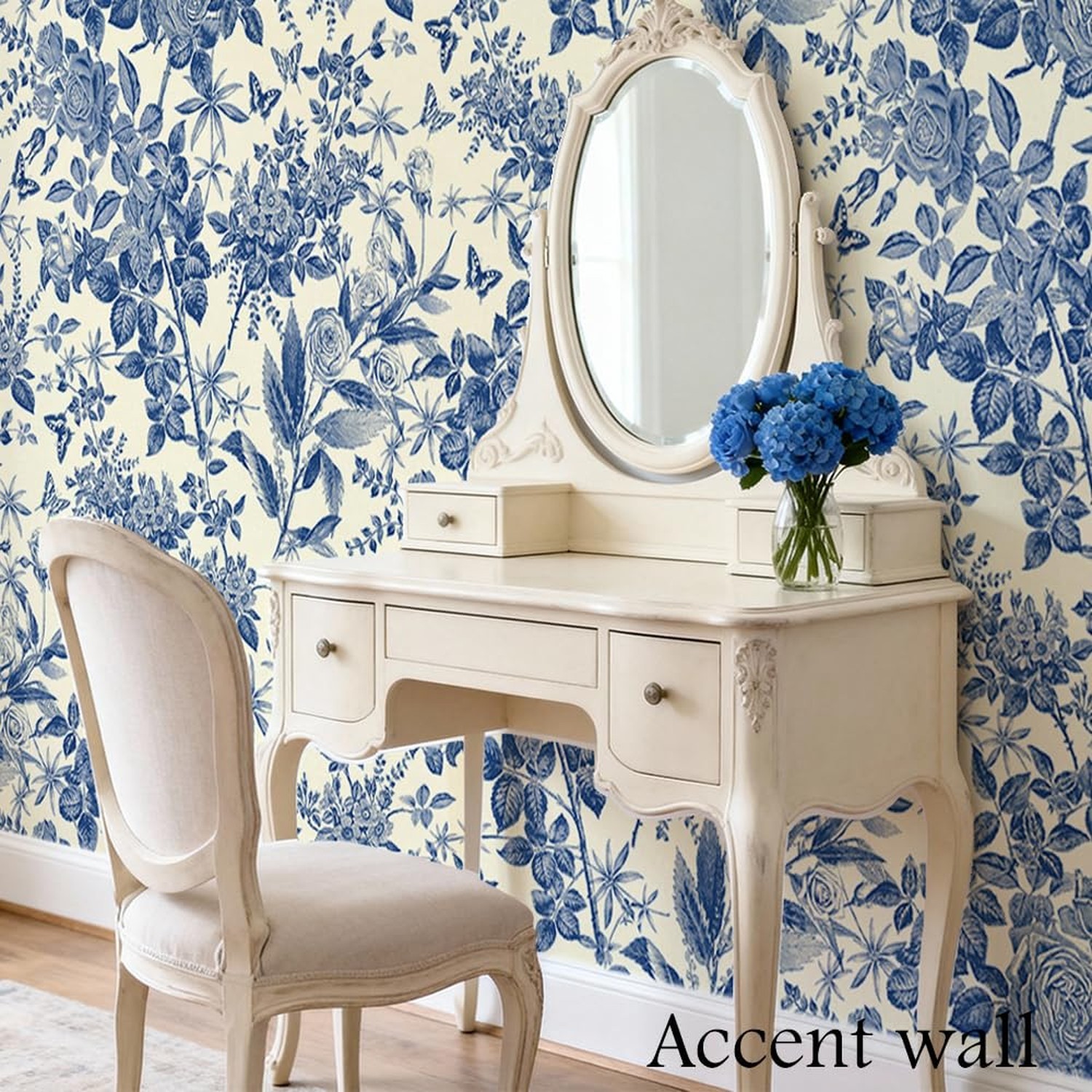 Blue Floral Peel and Stick Wallpaper, Removable Self-Adhesive Waterproof Cont…