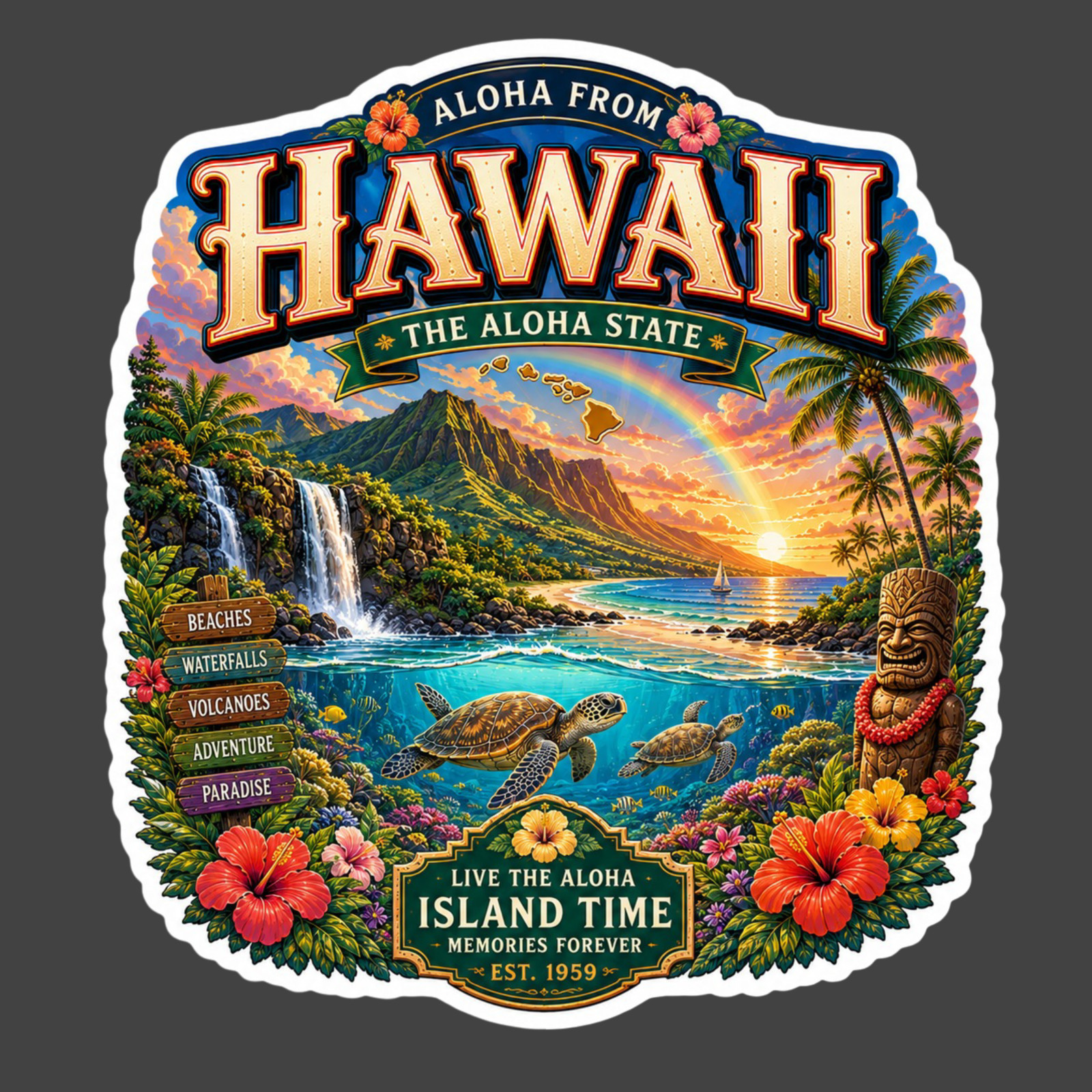 Hawaii Sticker Vinyl Decal Sea Turtle Tropical Island Beach Travel Souvenir Gift