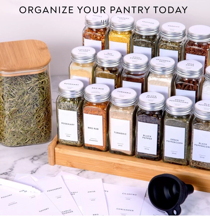 459 Minimalist Spice Jar Label Set, Black Text on White Vinyl Waterproof Labels