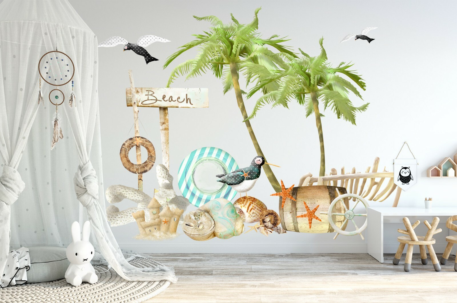 Beach Seagull Coconut Tree Swimming Ring Wall Fabric Decal Set Sticker Boy Decor