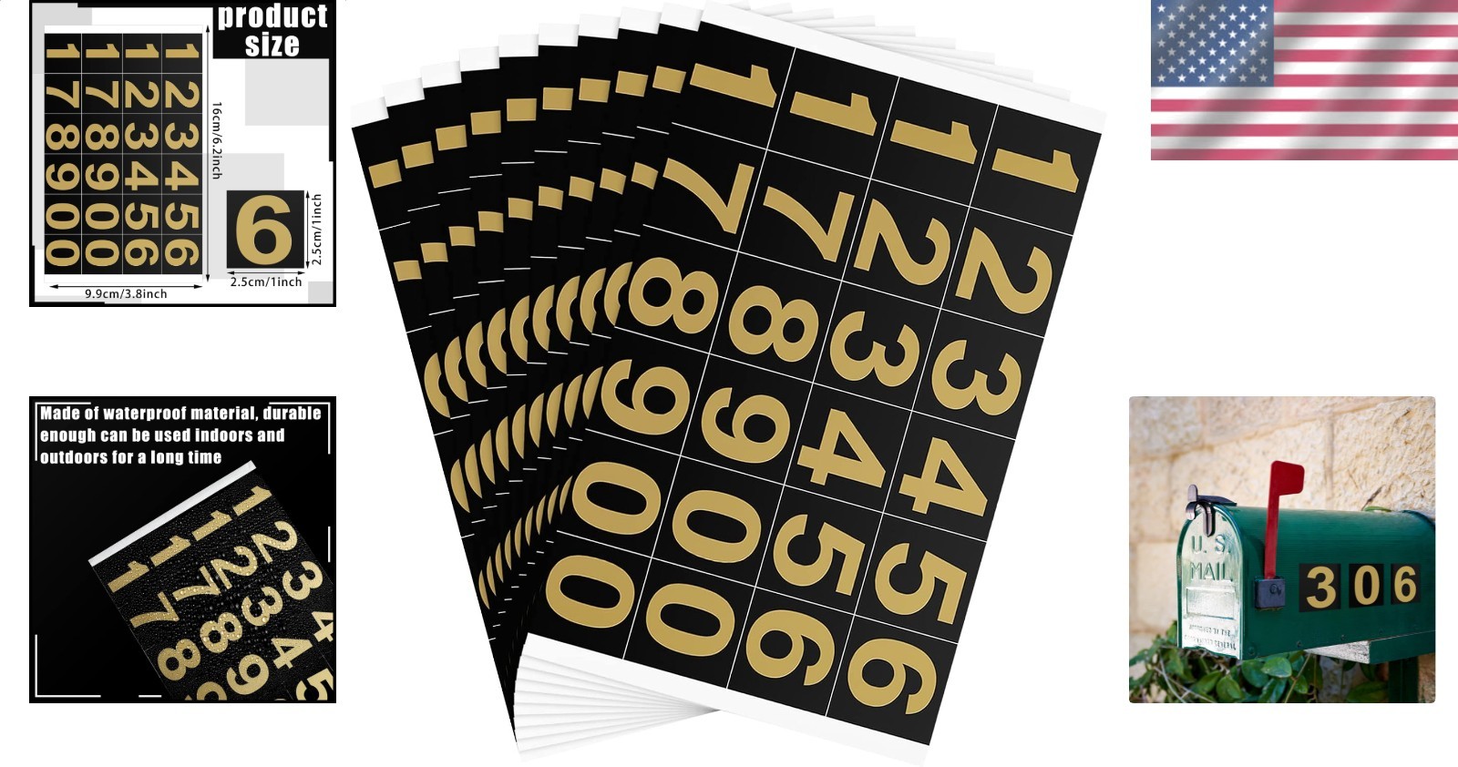 Self-Adhesive Numbers 240pc Outdoor Waterproof Gold Black 1