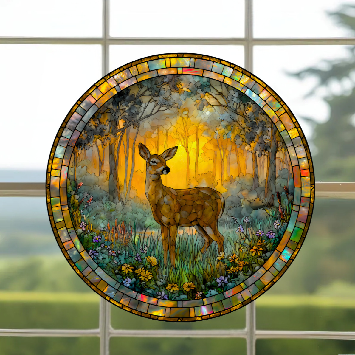 Deer Faux Stained-Glass WINDOW CLING Size 8" Round, Repositionable Vinyl