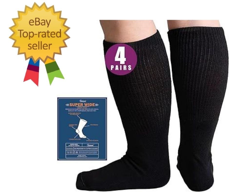 Extra Width Socks for Swollen Feet-4 Pairs One Size, Black