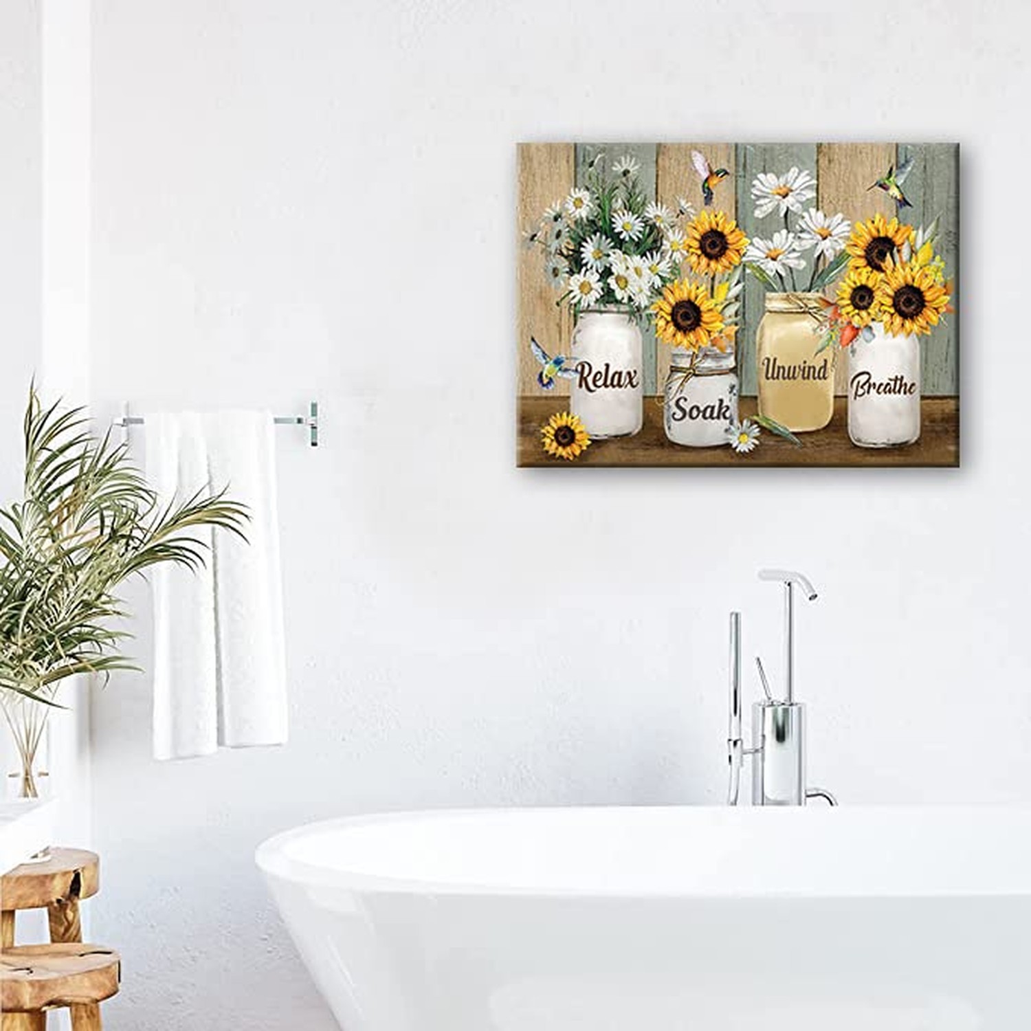 Farmhouse Sunflower Daisy Bathroom Decor Wall Art Rustic Hummingbird Yellow F…