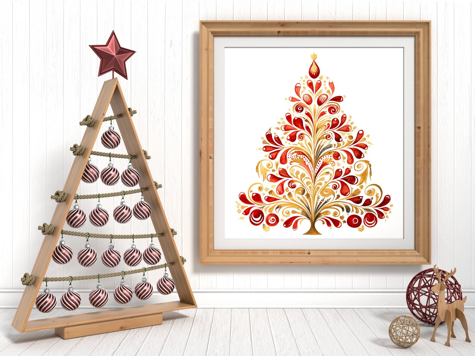 Red and Yellow Nordic Christmas Tree UV DTF Transparent Sticker / Decal