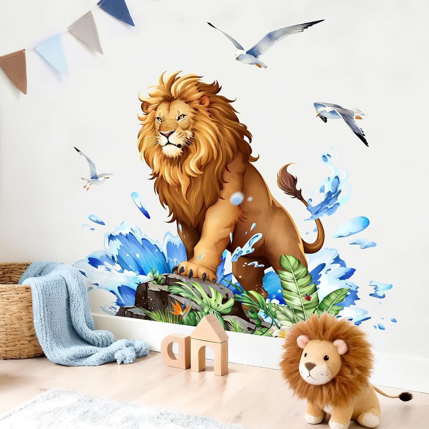 Lion Wall Decals Safari Animal Wall Sticker with Leaves Waves | Peel and Stic…