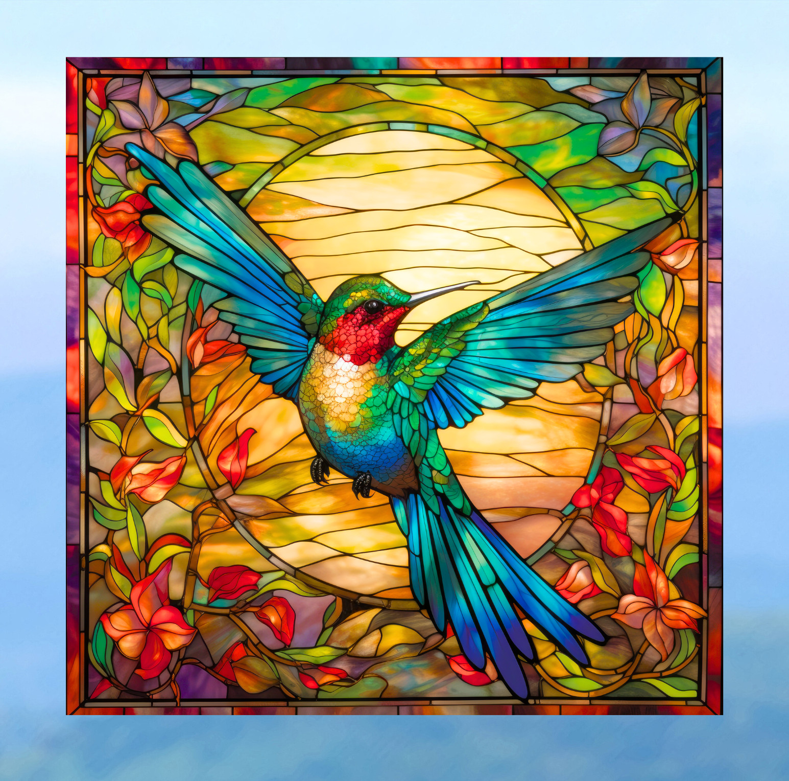 Pretty Hummingbird Faux Stained Glass WINDOW CLING Size 8" Square Vinyl