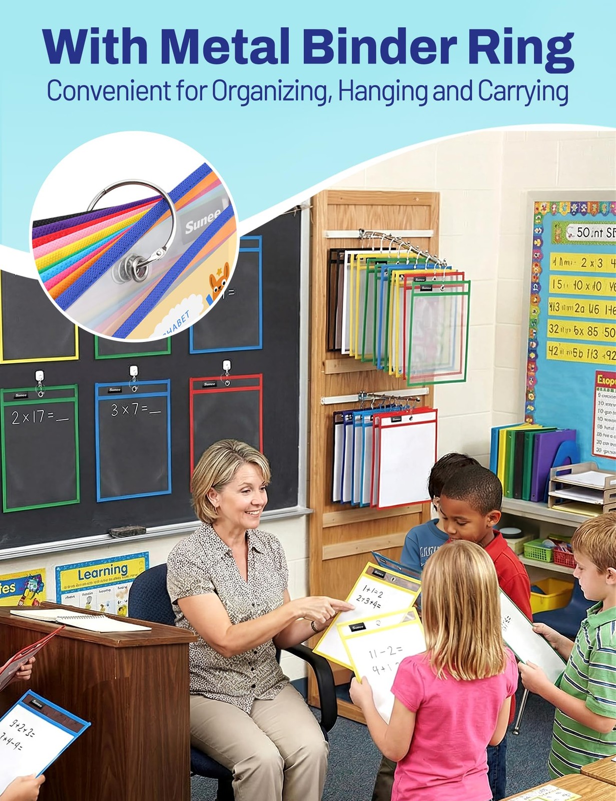 SUNEE 6 Packs Oversized Reusable Dry Erase Pocket Sleeves with Binder Ring, 6 As