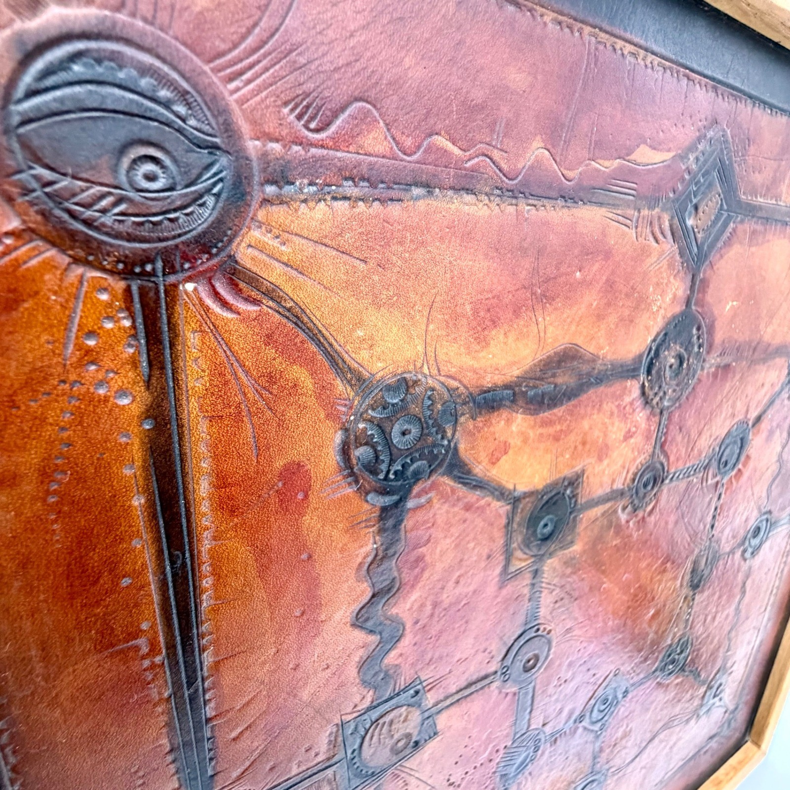 Vintage Tooled Leather Abstract Geometric Brutalist Wall Art Signed 96
