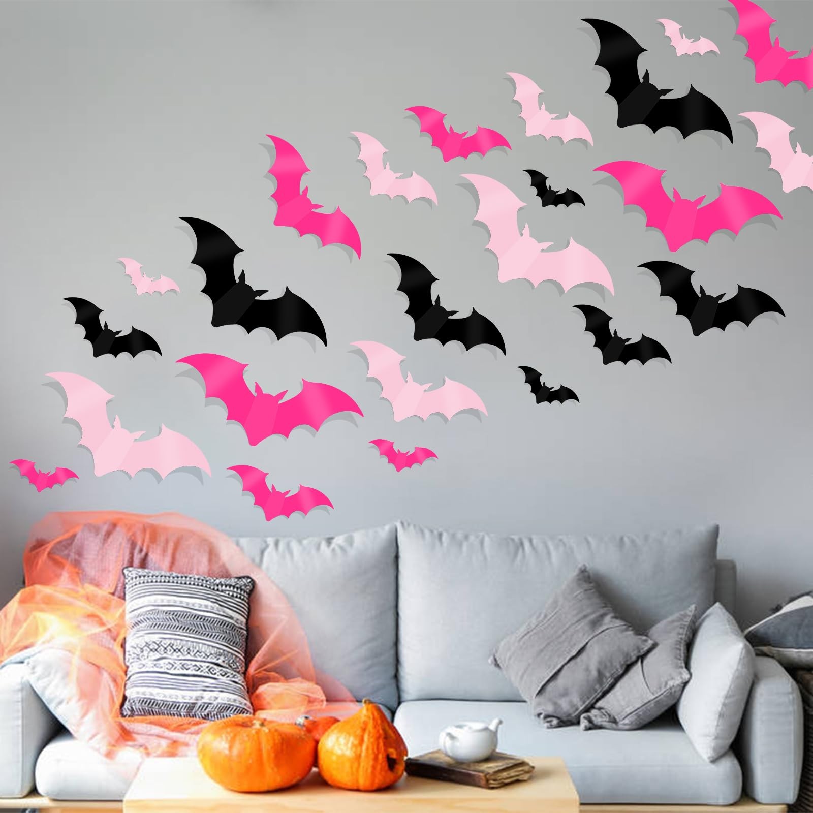 DIYASY 144 Pcs Pink Bats Wall Decor, Halloween 3D Black, Pink, Rose