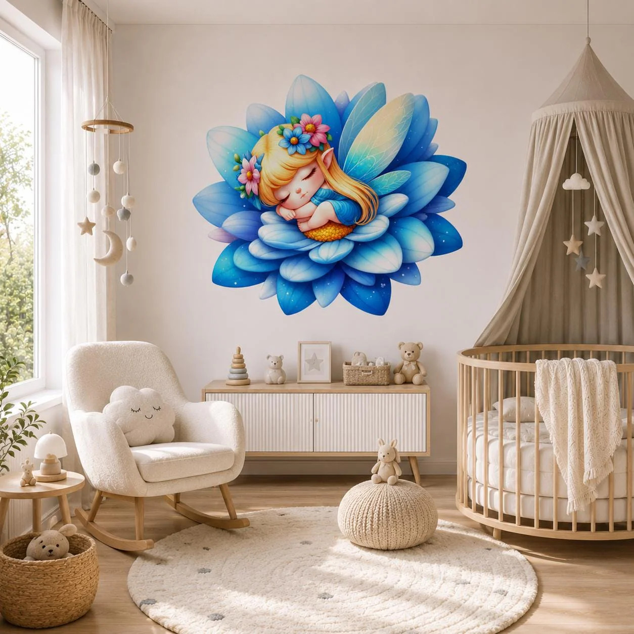 Sleeping Fairy Wall Vinyl Decal | Cute Blue Flower Fairy Sticker