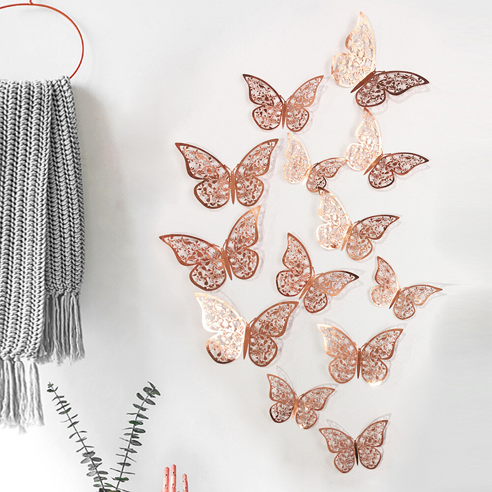 12 pcs 3d cute rose, silver, and gold butterfly wall decor, party, wedding, diy