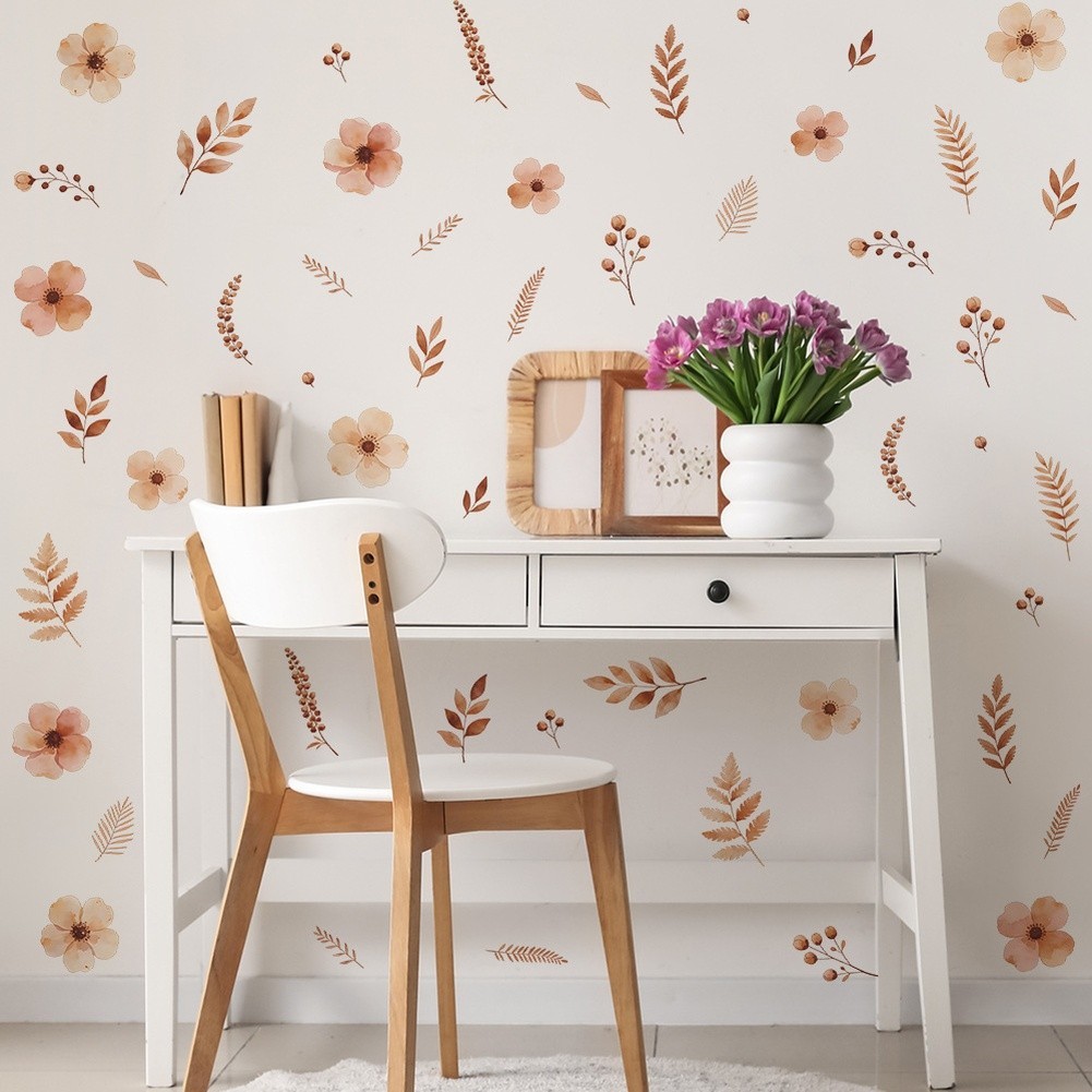 PVC Floral Leaves Wall Art Stickers for Living Room Bedroom Home Decor 29x20cm