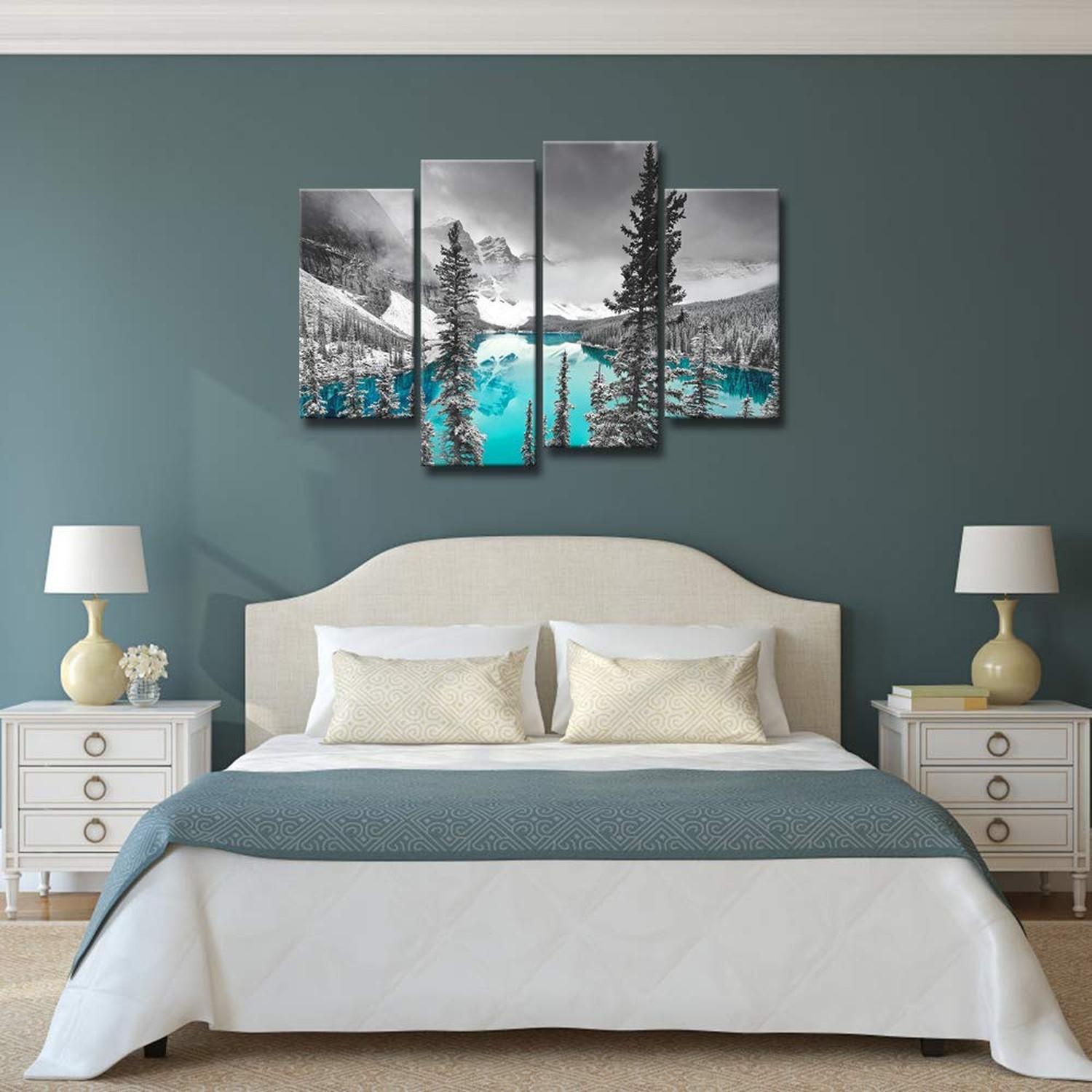 Derkymo 4 Pieces Teal Blue Moraine Lake Wall Art Black and White Canada Rocky…
