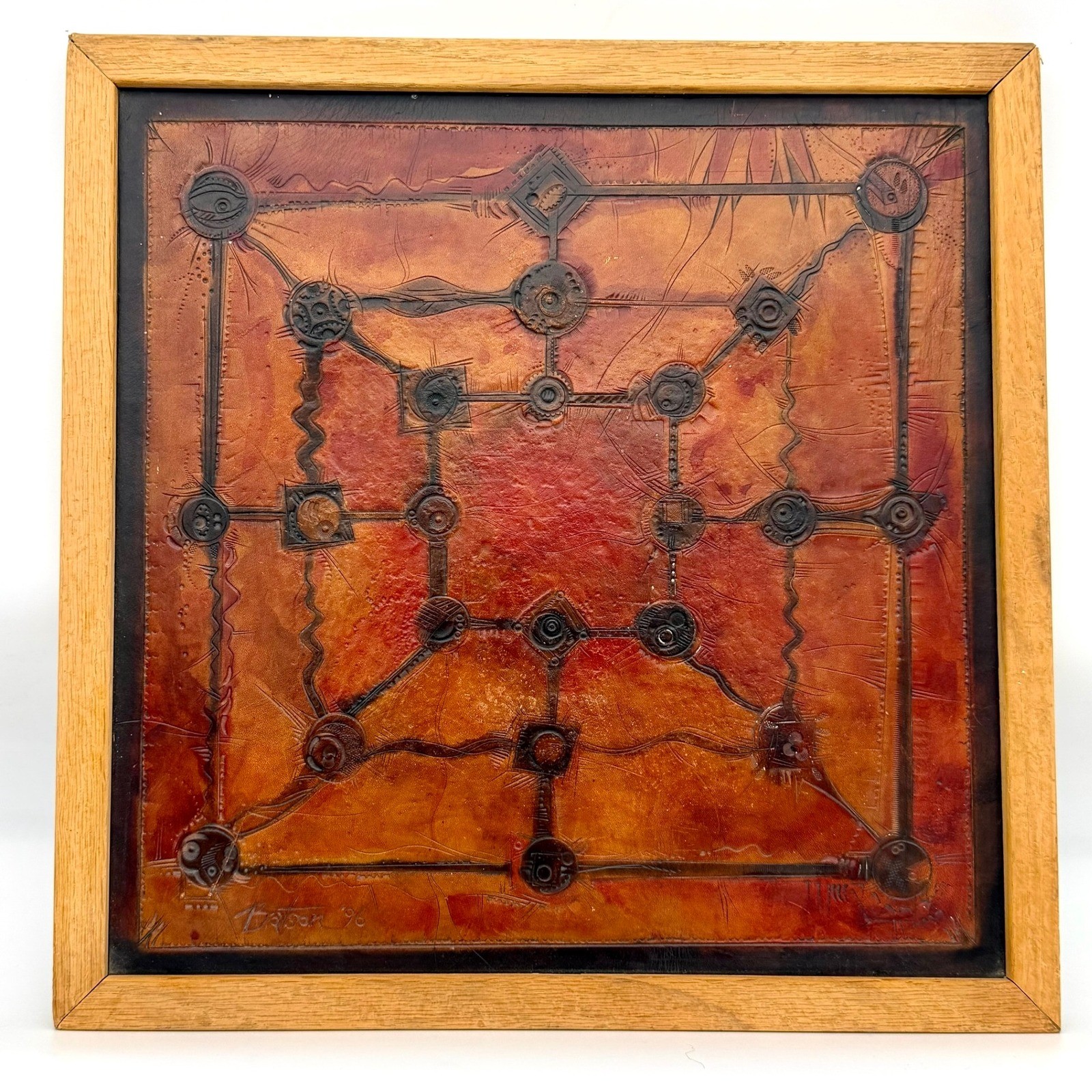 Vintage Tooled Leather Abstract Geometric Brutalist Wall Art Signed 96