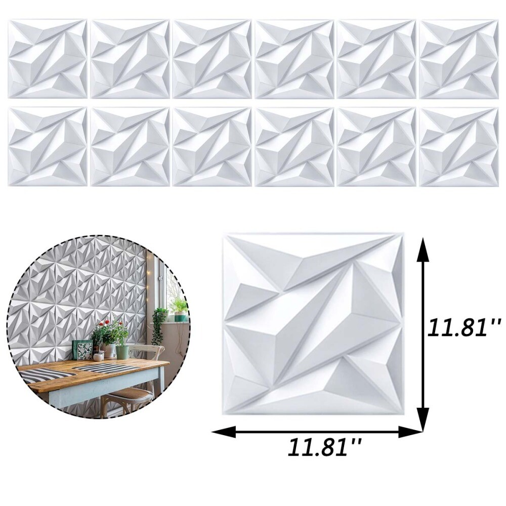 12Pcs PVC 3D Effect Wall Panels 30x30cm for DIY Wallpaper Home Decor White Color