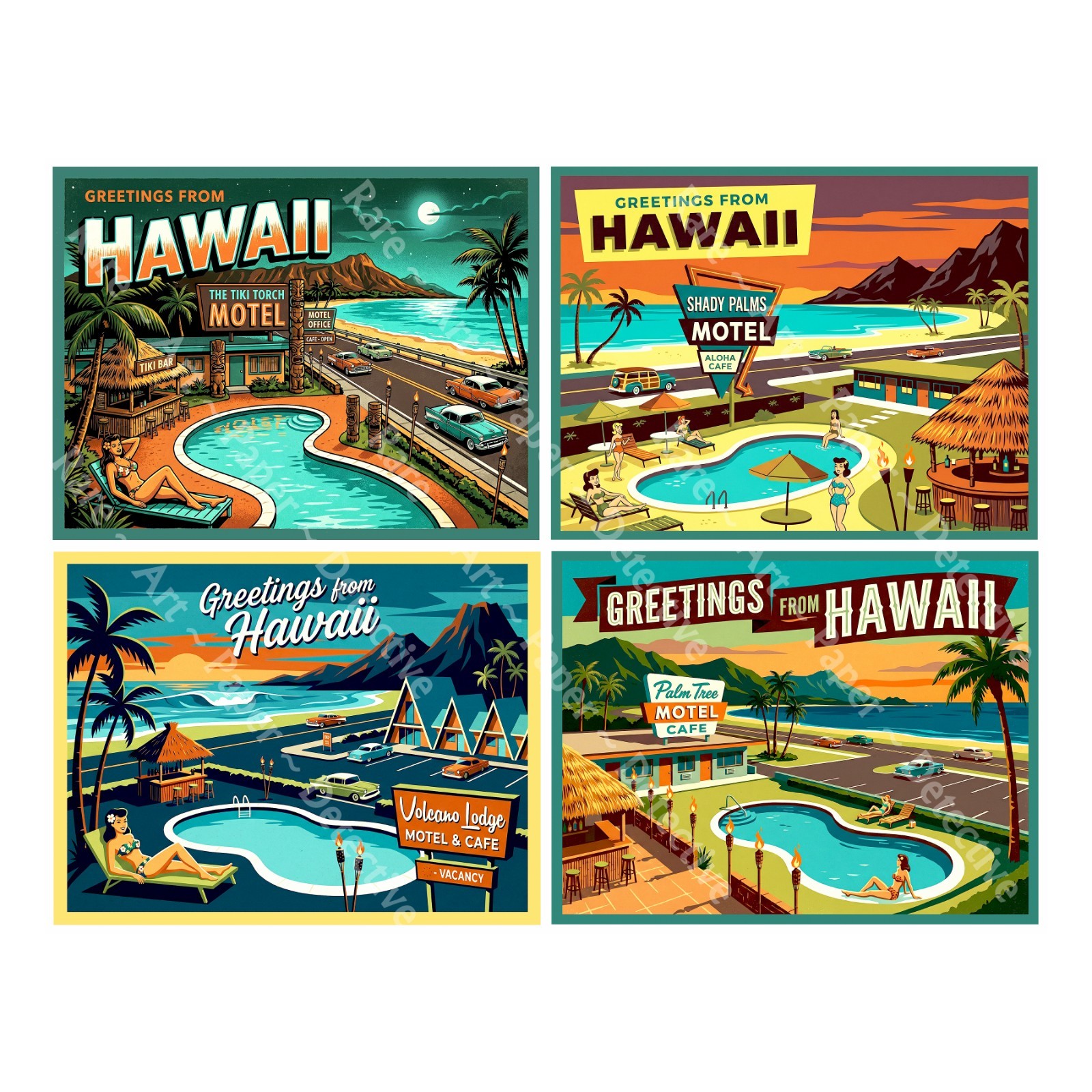 Hawaii Luggage Label Stickers, Mid-Century Modern, 4 Labels on 1 Sheet, 1534