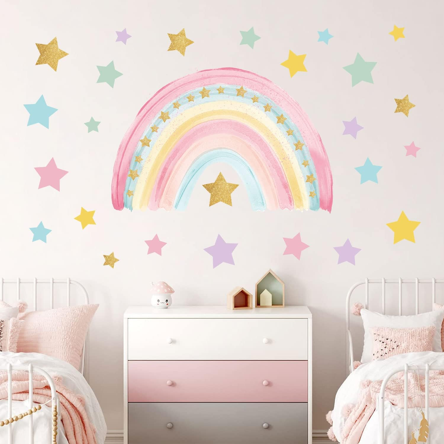Rainbow Flower Wall Stickers – Colorful Dots, Hearts, Stars, Nursery Size