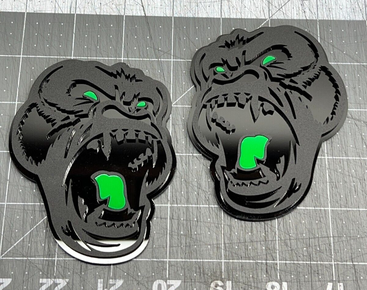 Angry Gorilla Green Eye Car Truck Emblem Badge Matte Black /Black Custom PK of 2