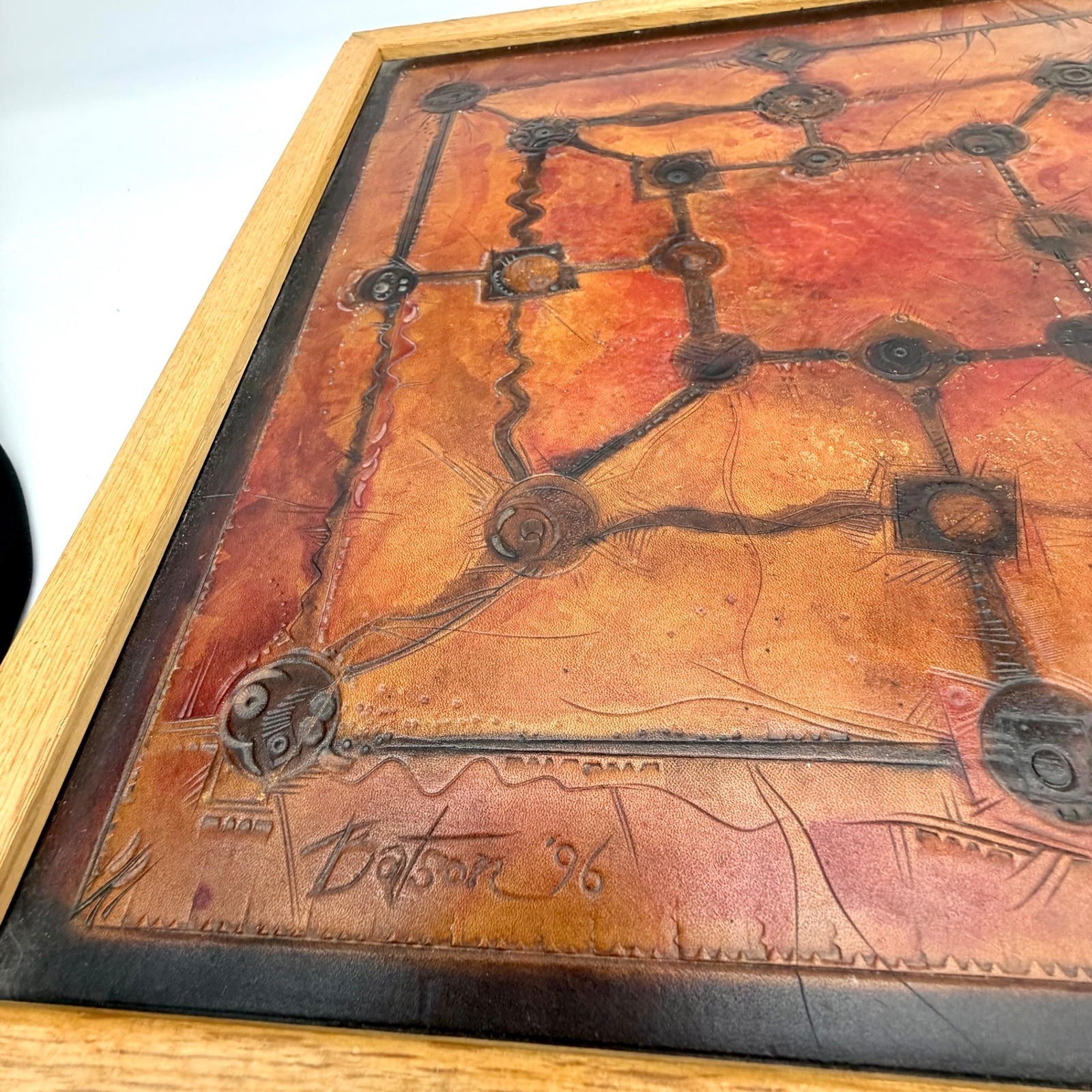 Vintage Tooled Leather Abstract Geometric Brutalist Wall Art Signed 96