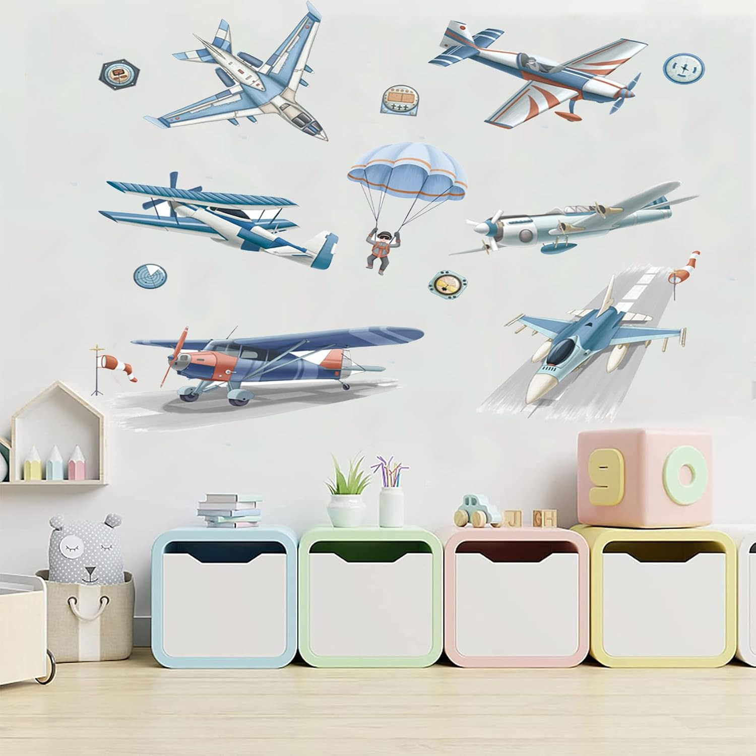 Cartoon Airplane Wall Decals, Fighter Jets & Parachute Wall Stickers for Kids Pl